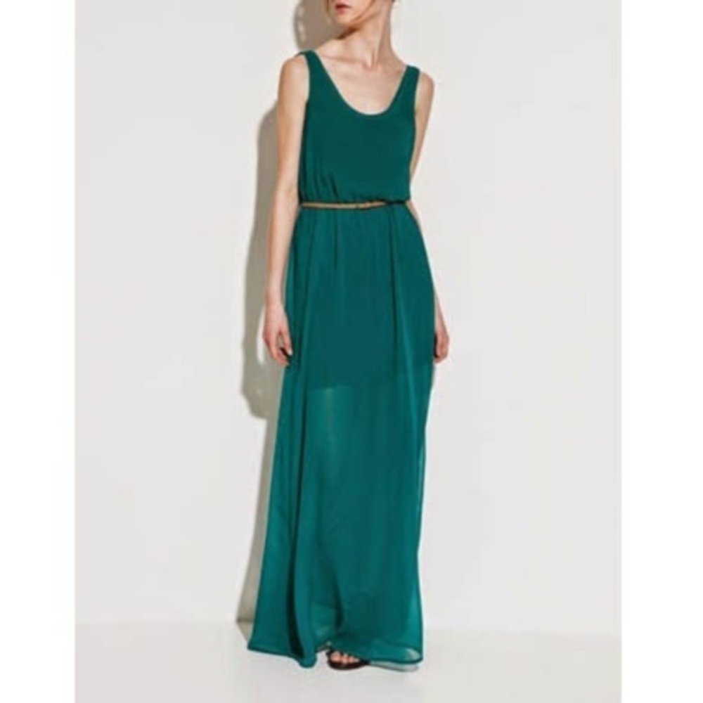 ZARA TRF Teal Silk Chiffon Maxi Dress